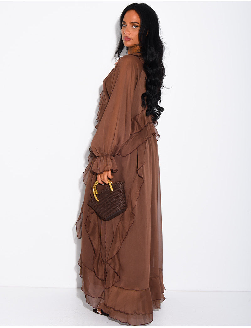 Robe longue en voile doublé à volants