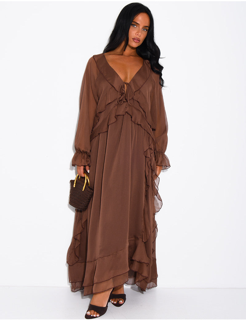Robe longue en voile doublé à volants