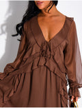 Robe longue en voile doublé à volants