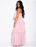Robe longue en voile et dentelle à volants