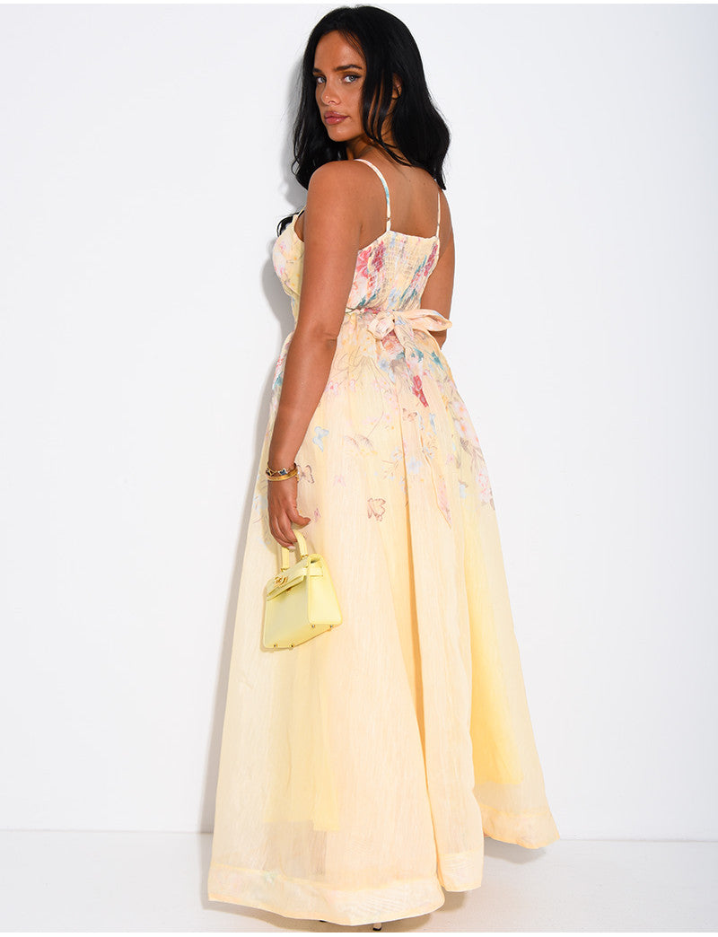 Robe longue corset en voile fleurie avec ceinture assortie