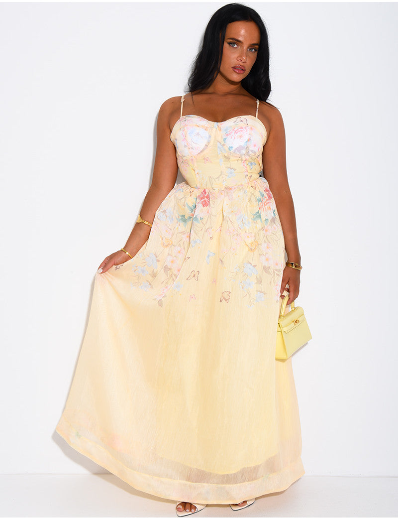 Robe longue corset en voile fleurie avec ceinture assortie