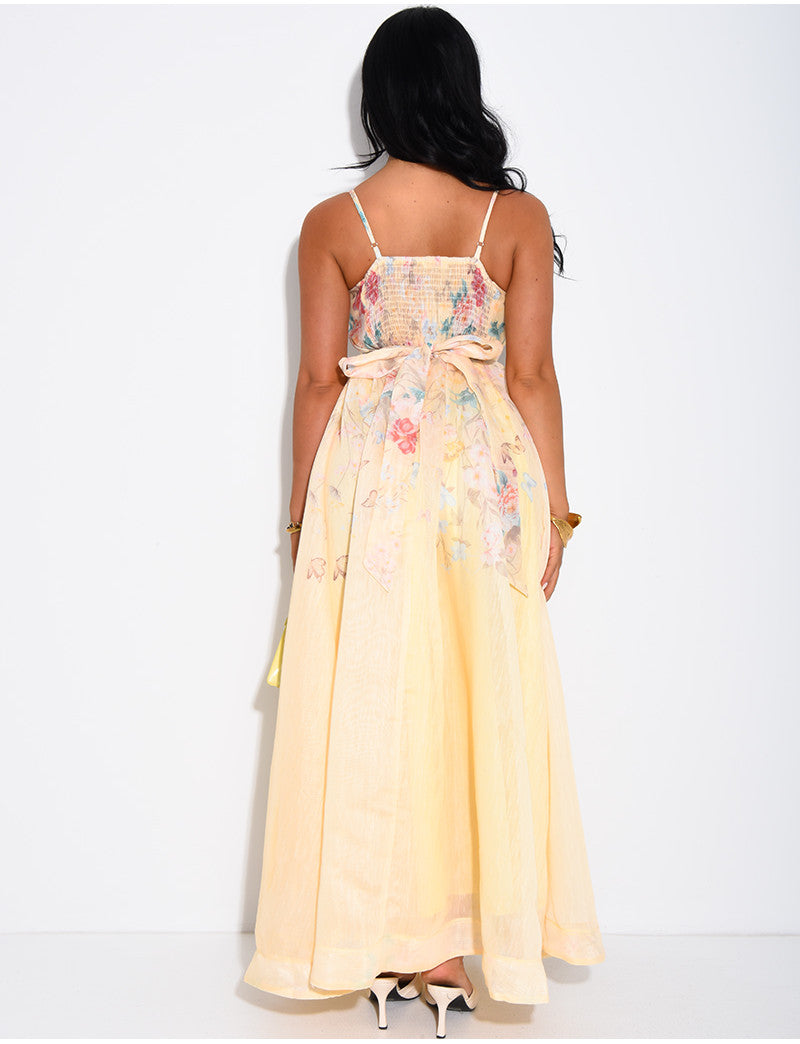 Robe longue corset en voile fleurie avec ceinture assortie