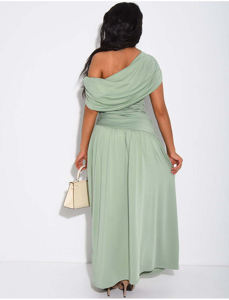 Robe drapée fluide col bateau asymétrique