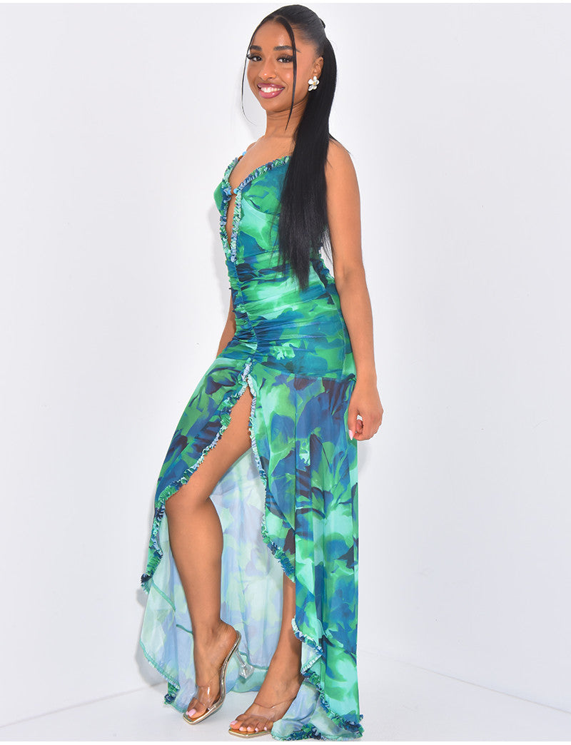 Robe en tulle doublé et imprimé ajouré à perles colorées