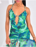 Robe en tulle doublé et imprimé ajouré à perles colorées