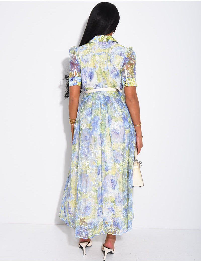 Robe boutonnée en voile imprimé floral à ceinture