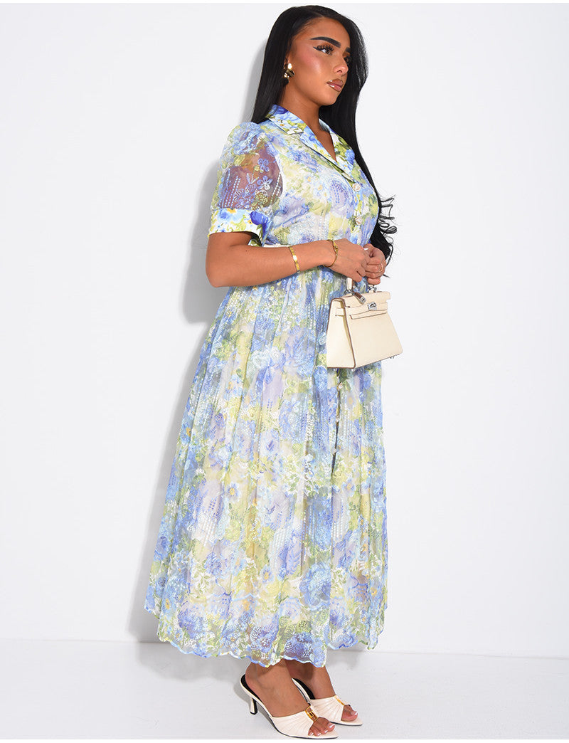 Robe boutonnée en voile imprimé floral à ceinture