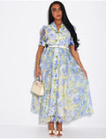 Robe boutonnée en voile imprimé floral à ceinture