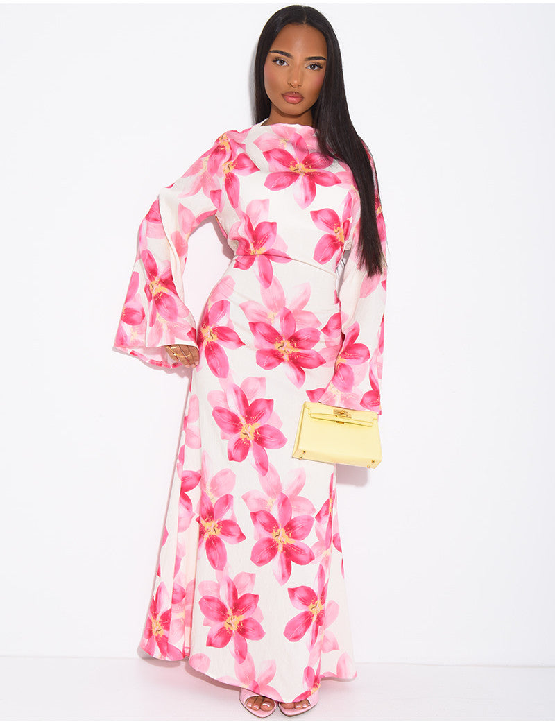 Robe longue effet lin à imprimé floral à nouer dans le dos