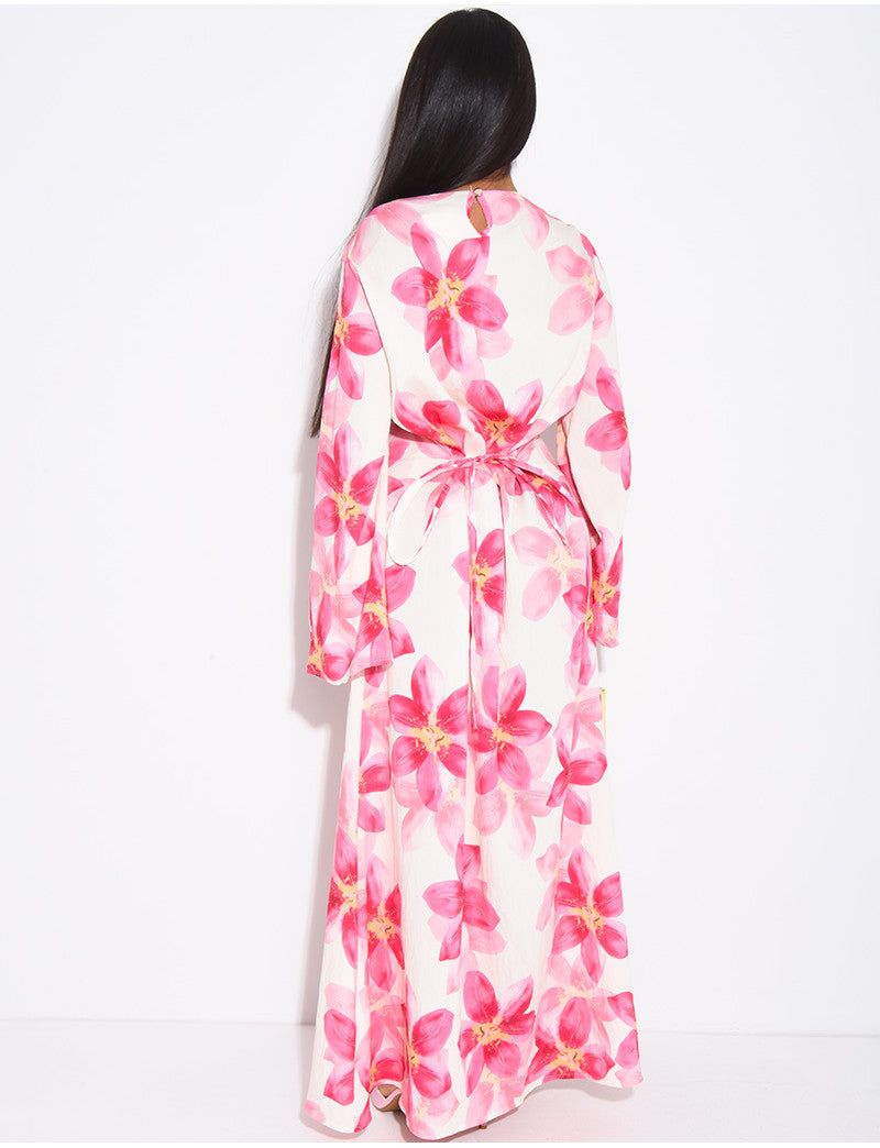 Robe longue effet lin à imprimé floral à nouer dans le dos