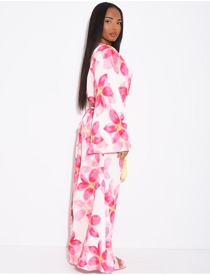 Robe longue effet lin à imprimé floral à nouer dans le dos