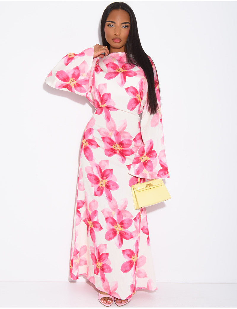 Robe longue effet lin à imprimé floral à nouer dans le dos