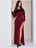 Robe longue épaules dénudées à fourrure
