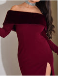Robe longue épaules dénudées à fourrure