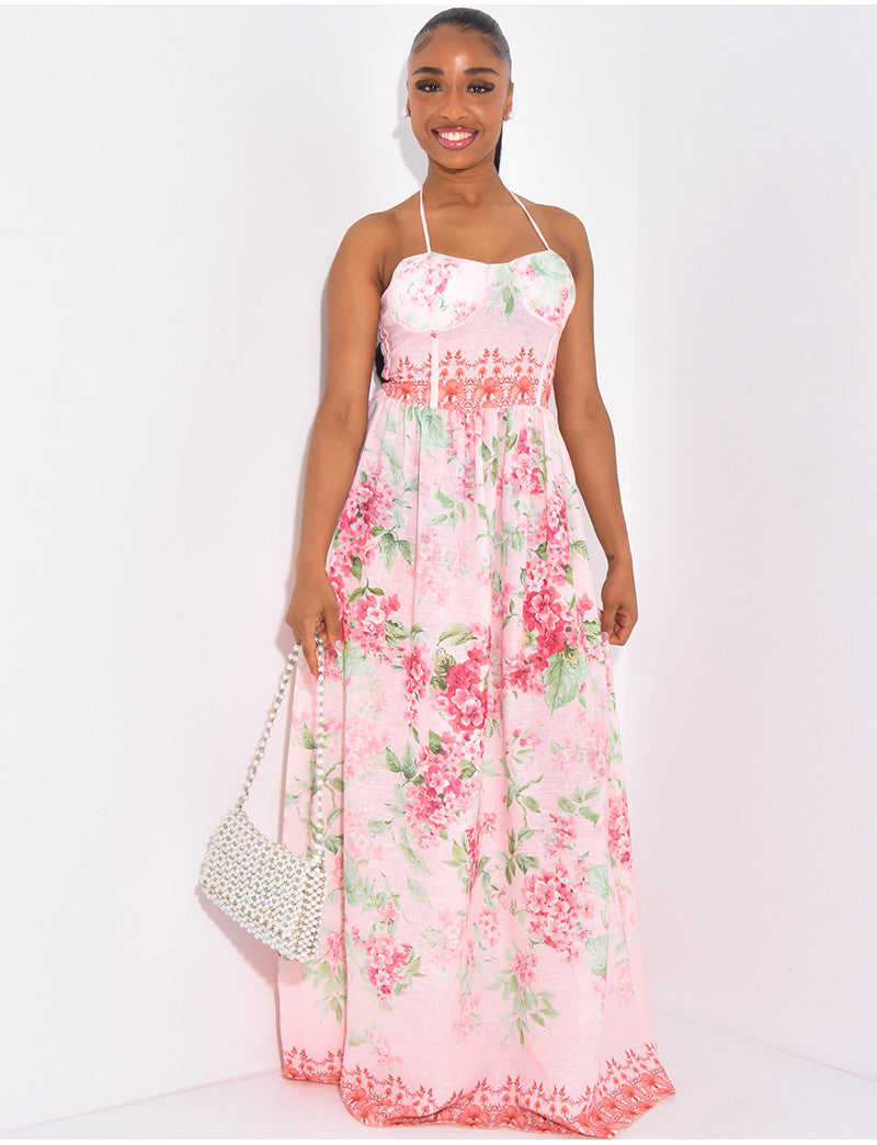 Robe longue corset en coton à fleurs imprimées