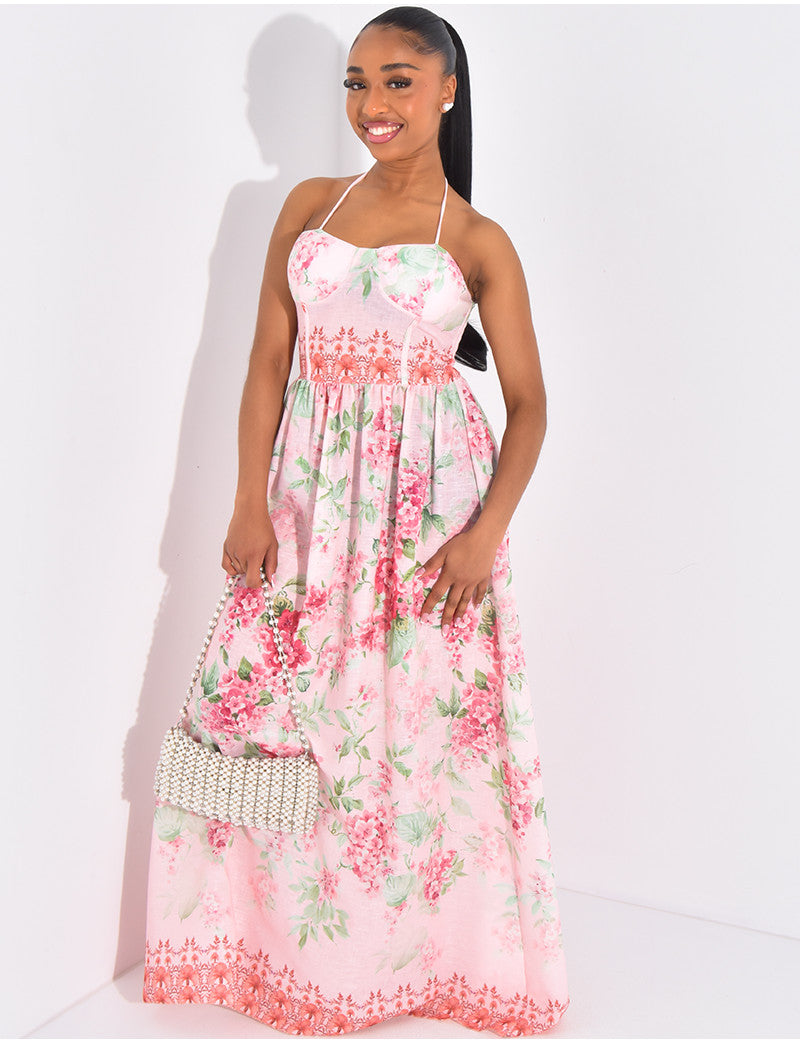 Robe longue corset en coton à fleurs imprimées