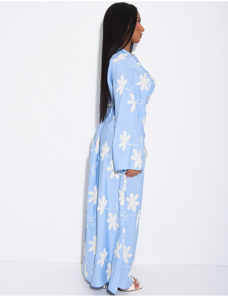 Robe longue effet lin à motifs brodés