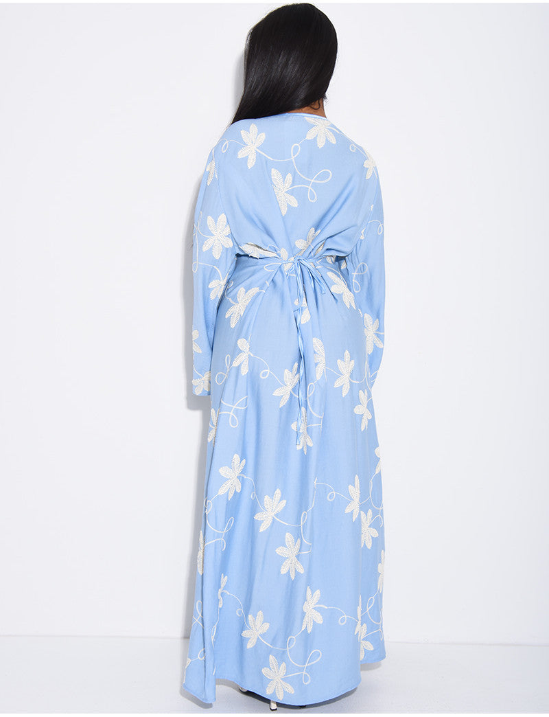 Robe longue effet lin à motifs brodés