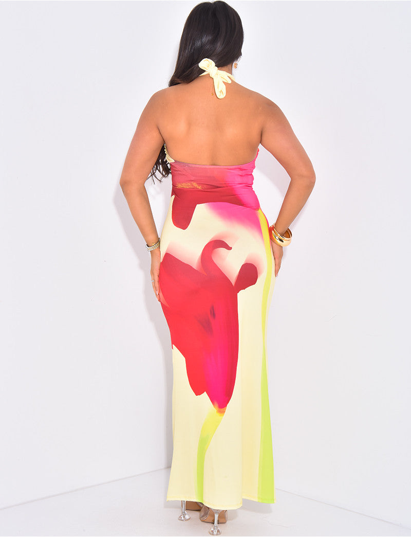 Robe longue moulante dos nus à fleurs imprimées
