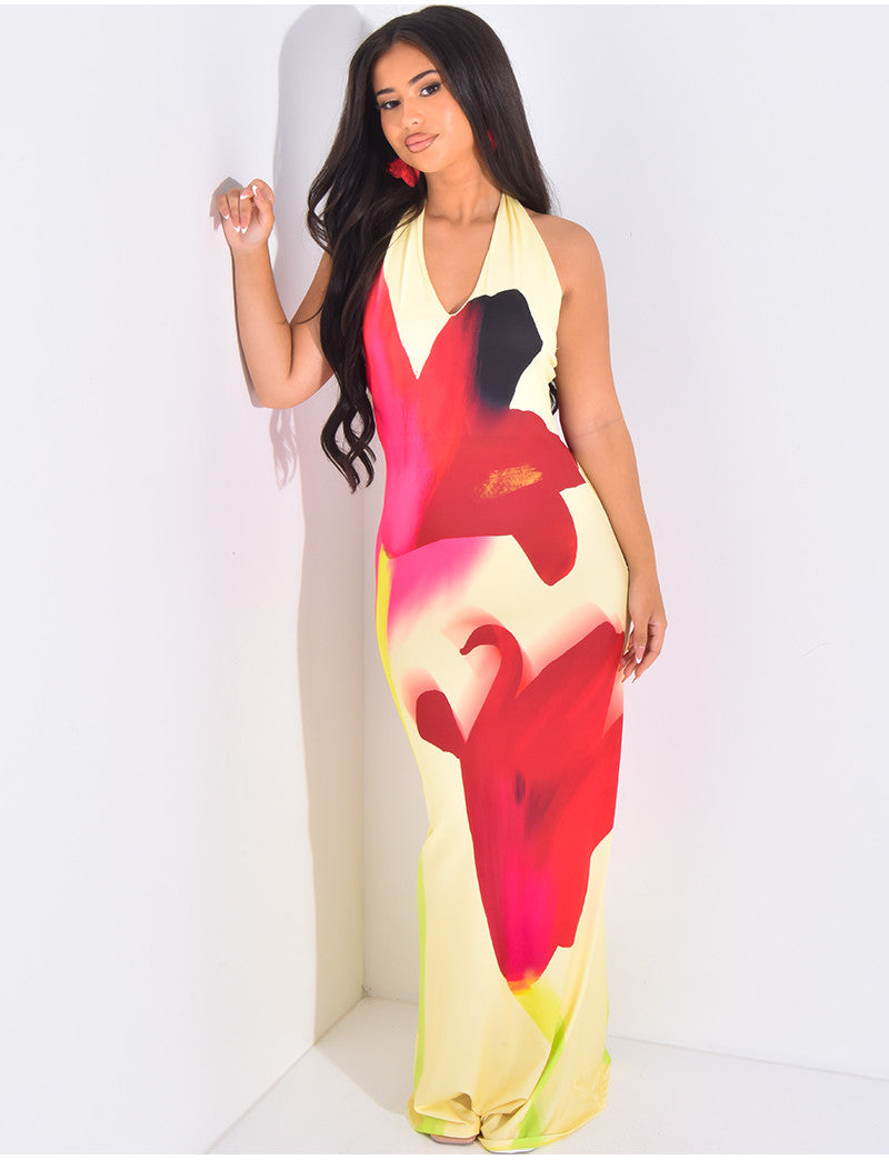 Robe longue moulante dos nus à fleurs imprimées