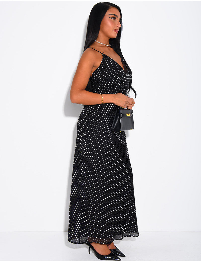 Robe longue en voile à pois & bordures en dentelle