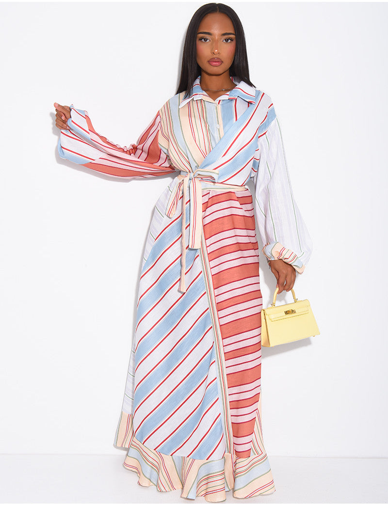 Robe longue à rayures col chemise à nouer