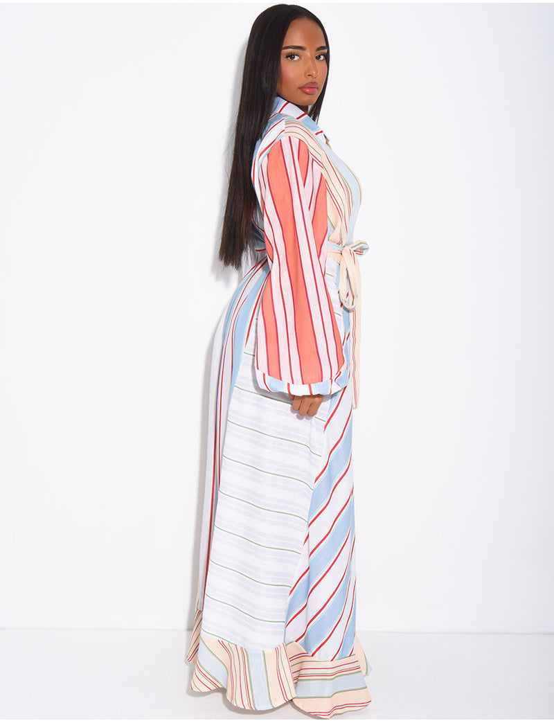 Robe longue à rayures col chemise à nouer