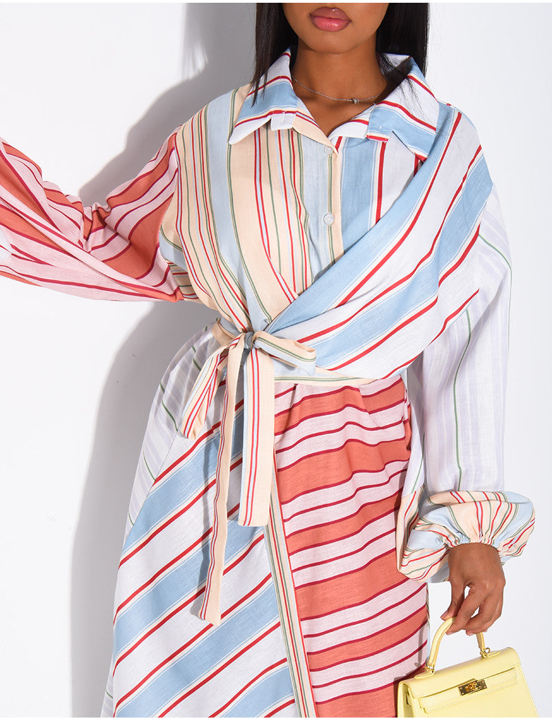 Robe longue à rayures col chemise à nouer