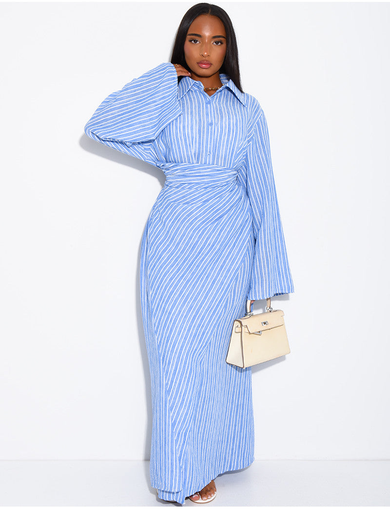 Robe longue rayée col chemise
