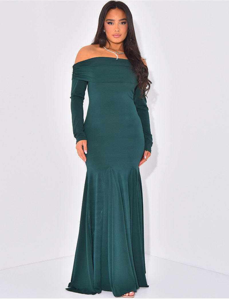 Robe longue col bateau à volants