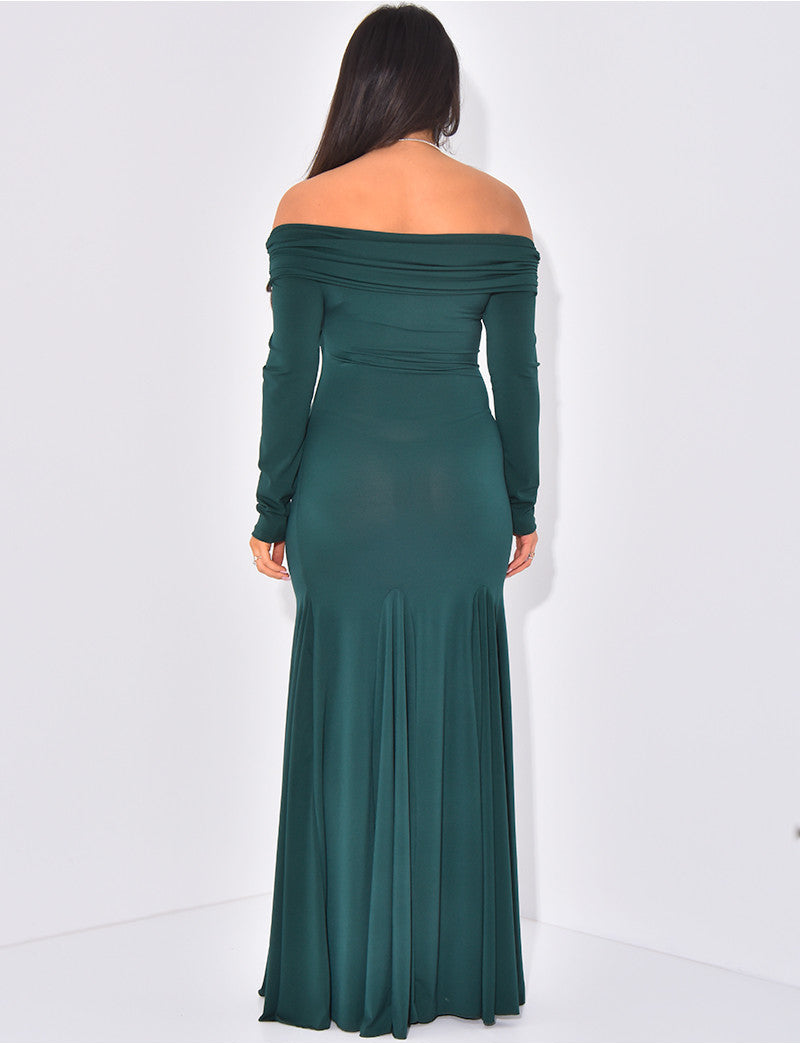 Robe longue col bateau à volants