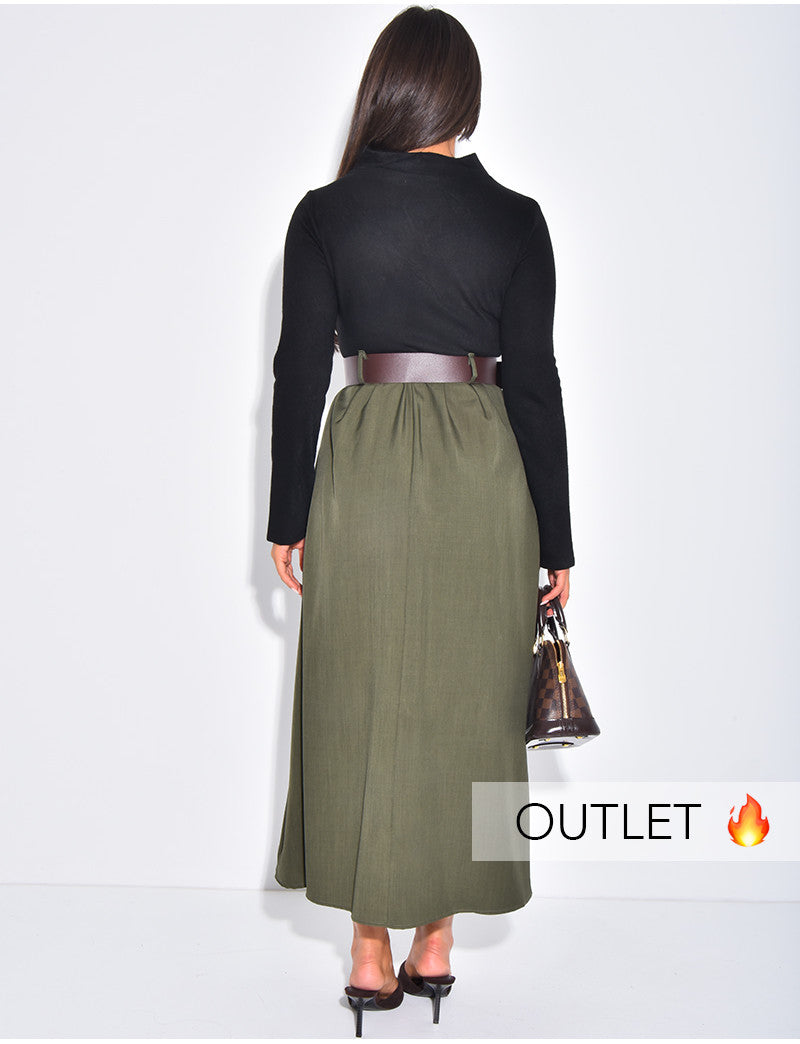 Robe longue bi-matière avec ceinture