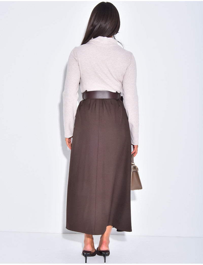 Robe longue bi-matière avec ceinture à la taille