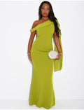 Robe longue col asymétrique à empiècement en voile