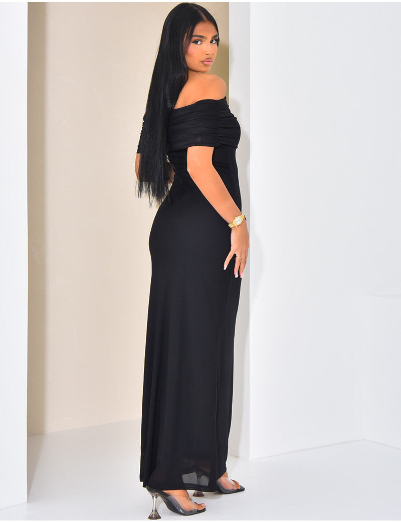 Robe longue col bateau asymétrique en tulle