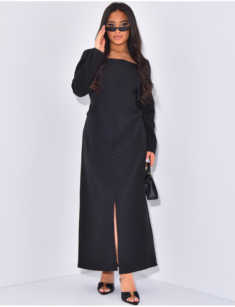 Robe longue col carré boutonnée à nouer dans le dos