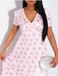 Robe longue en satin imprimé de fleurs et dentelle sur les bords