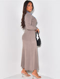 Robe longue côtelée à boutons & bordures contrastantes