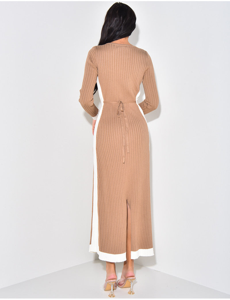 Robe longue côtelée à nouer à bandes contrastantes