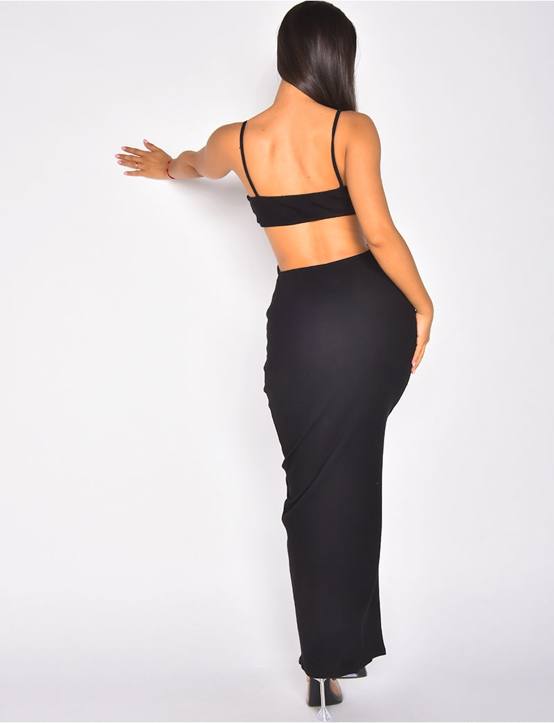 Robe longue côtelée ajourée