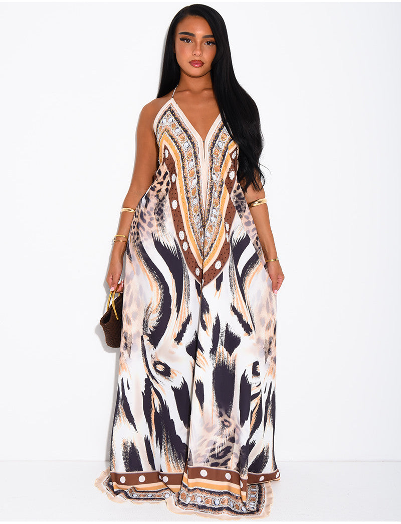 Robe longue dos nu imprimé ornée de strass