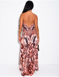 Robe longue dos nu imprimé ornée de strass