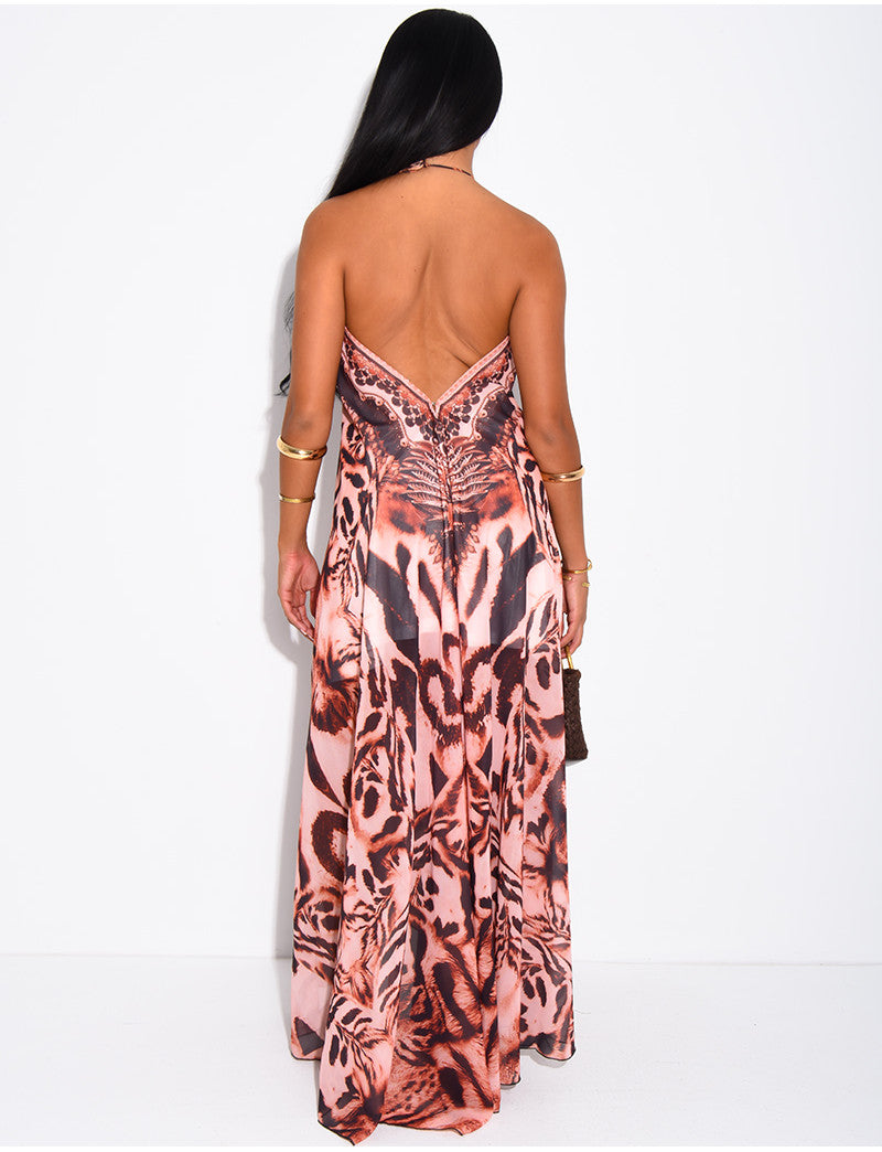 Robe longue dos nu imprimé ornée de strass