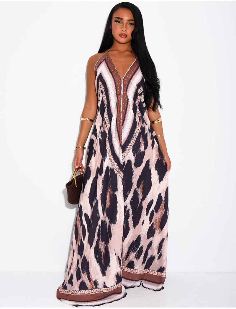 Robe longue dos nu imprimé ornée de strass