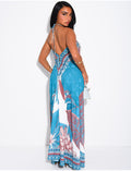 Robe longue dos nu à motifs et perles
