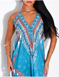 Robe longue dos nu à motifs et perles