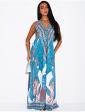 Robe longue dos nu à motifs et perles