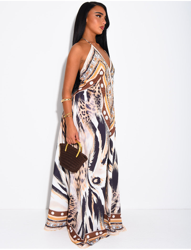 Robe longue dos nu imprimé ornée de strass