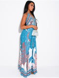 Robe longue dos nu à motifs et perles